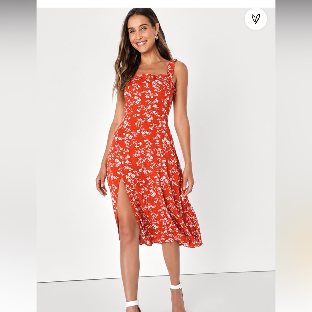 Lulus Garden Party Red Orange Floral Print Ruffle MIDI Dress NWT Size S